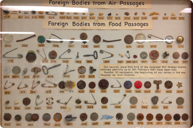 Display of foreign bodies removed from children's air and food passages